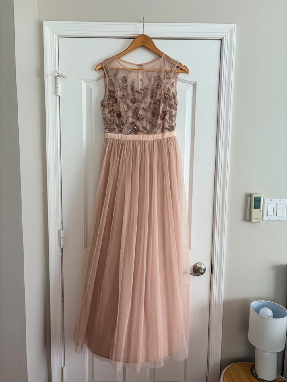 Adrianna Papell Beaded Floral Tulle Maxi Gown Rose Gold Pink NWOT 4 Prom Formal